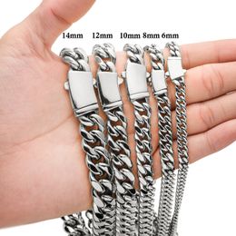 6-14mm Hip Hop Stainless Steel Miami Cuban Link Chain Shiny Clasp Mens Simple 18K Real Gold Plated Silver Jewellery