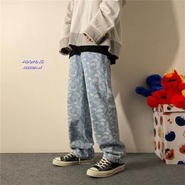 Men's Graphic Printing Summer Straight Jeans Man Korean Fashion Hip Hop Joggers Male Loose Denim Pants Clothing295z