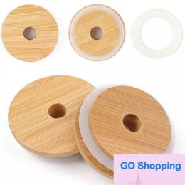 All-match Mason Lids Reusable Bamboo Caps Lids with Straw Hole and Silicone Seal for Mason Jars Canning Drinking Jars Lid