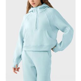 Lu-02 Yoga-Sport-Pullover für Damen, kurzes Kapuzen-Sweatshirt mit halbem Reißverschluss, lockere Sportmanteljacke, warme Innenseite aus Plüsch, Scuba-Kapuzenpullover