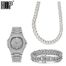 Chains Full Necklace Watch Bracelet Hip Hop Miami Curb Cuban Chain Gold Iced Out Paved Rhinestones CZ Bling For Men Jewelry1292M