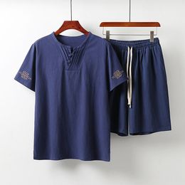 Men's Tracksuits Large Size Men's Clothing Vintage Tracksuit Husband Summer Blue Home Suit Linen T Shirt Fashion Male Set Chinese 8XL 9XL 230920