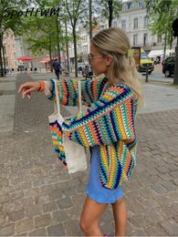 Women's Knits Tees Crochet Striped Knit Open Stitch Colorful Sweater Vintage Loose Long Sleeve Cardigans Women Autumn Fashion Casual Streetwear 230921