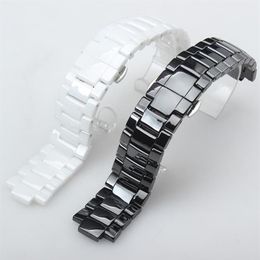 Watch Bands Hig Quality Ceramic Watchband White Black Convex Mouth Bracelet With Push-button Hidden For AR1424 AR1440 18 9mm 22 11300L