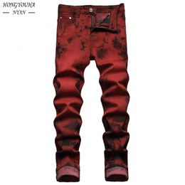 Mens Jeans Brand High Quality Slim Tie dye Snow Wash Brick Red Denim Straight Pants Vintage Streetwear Fashion Casual Trousers 230920