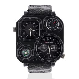 GMT Dual Time Military Mens Watch Outdoor Quartz Watches Canvas Band Compass 50mm Large Square Dial Masculine Wristwatches260x