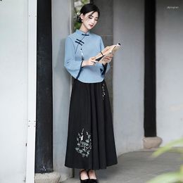 Ethnic Clothing Elegant Autumn Retro Literature Cheongsam Slanted Placket Buckle Girls Qipao Chinese Style Dress Skirt Tang Suit For Women
