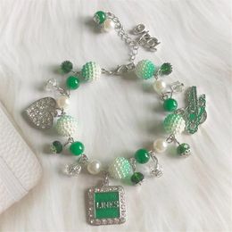 Link Chain Hand Made Greek Sorority Green White Pearl Diy Links Inc Roes Heart 1946 Charm Bracelet Lady Fashion Jewelry264u
