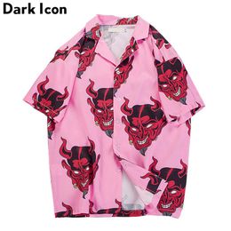 Devil Full Printing Turn-down Collar Casual Shirts Men 2018 Summer High Street Men's Shirts Pink Purple274U