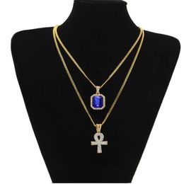 New Designer Egyptian Ankh Key of Life Bling Rhinestone Cross Pendant With Red Ruby Pendant Necklace Set Men Hip Hop Jewelry224j