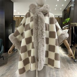 Women's Fur Sample Winter Warm Velvet Thick Batwing Sleeves Coat With Hat Plaid Poncho Women Loose Thicken Streetwear Long Cloak