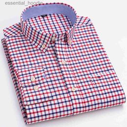 Men's Dress Shirts Men's Versatile Casual Chequered Oxford Cotton Shirts Single Pocket Long Sleeve Standard-fit Button Down Gingham Striped Shirt L230921