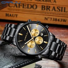 CRRJU Men Stainless Steel Band Watch Men's Luxury Business Luminous Quartz Wrist Watches Male Date Window Clock264r