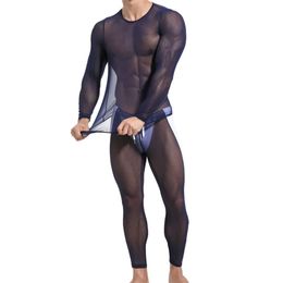 Sexy Men Pyjamas Sets See Through Ice Silk Thin Man T-shirt & Pants Pyjama Sets Skinny Fitness Riding Sleep Bottoms Sleepwears Y20205x