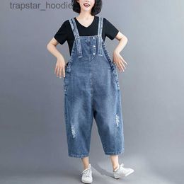 Women's Jumpsuits Rompers #1410 Summer Overalls Denim Cotton Wide Leg Jumpsuits For Women Loose Holes Casual Spaghetti Strap Ripped Denim Jumpsuit Ladies L230921