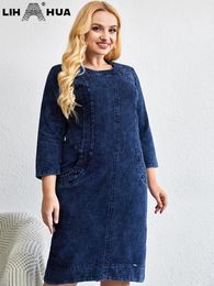 Plus size Dresses LIH HUA Women's Size Denim Dress Spring Chic Elegant For Chubby Knitting Cotton 230920
