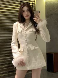 Womens Suits Blazers Elegant Solid Long Blazer Coat Women Single Breasted Vneck Autumn Winter Evening Party Dress Feathers Korean Chic Outerwear 230920