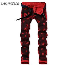 Whole- UMMEWALO Skull Printed Jeans For Men Casual Slim Straight Jeans Designer Red Pants Mens Brand Printing Trousers Jeans H234C