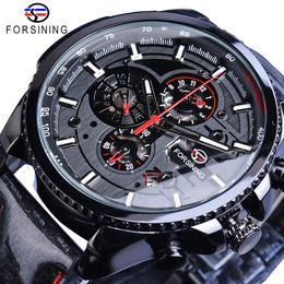 Forsining Black Racing Speed Automatic Mens Watch Self-Wind 3 Dial Date Display Polished Leather Sport Mechanical Clock Dropship255h