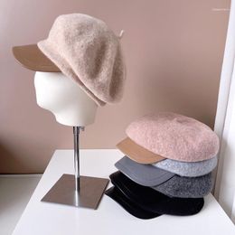 Berets Fashion PU Brim Military Hat Ladies Retro Leather Beret Autumn And Winter Octagonal Wool Sboy