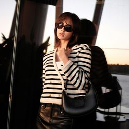 Women's Knits 2023 Autumn Ladies Black And White Striped Double-row Metal Button V-Neck Knitted Cardigan Sweater