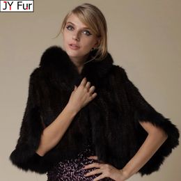 Women's Fur Faux Fur Real Genuine Natural Knitted Mink Fur Shawl Coat With Fur Collar Women's Fashion Knit Jacket Cape 230921