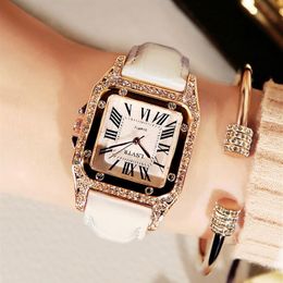 Vintage Female Watch Rhinestone Fashion Student Quartz Watches Real Leather Belt Square Diamond Inset Delicate Womens Wristwatches234n