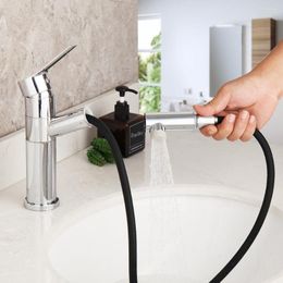 Bathroom Sink Faucets Chrome Polish Basin Mixer Faucet Deck Mounted Stainless Steel Pull Out Stream Spray & Cold Matte Black