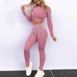 Seamless Yoga Suit 2 piece Sports Shirts Crop Top Seamless Leggings Sport Set Gym Clothes Fitness Tracksuit Workout Set Femme SH19211N