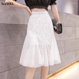 Skirts Lace Patchwork Office Black 2023 Women Summer Korean Fashion Clothing Faldas Elegant High Waist White Bodycon Midi Skirt