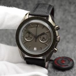 44MM Quartz Chronograph Gray Dial Mens Watches Moonwatch Black Leather Strap Dark Side of the Ring Showing Tachymeter Markings Wri199O