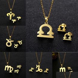 Earrings Necklace Stainless Steel 12 Constellations Minimalist Gold Zodiac Sign Pendant Fashion Personality Collar Set Drop Delivery J Dhif5