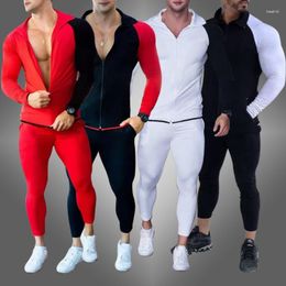 Men's Tracksuits Hooded Activewear Casual Long Sleeve Colorblock Sweatshirt And Pants Set Fitness Streetwear Two Piece 2023