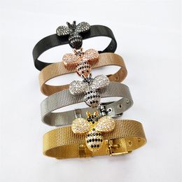 4PCS New Fashion Bee Inspired Jewellery bangle Bumble Bee Bead watch belt CZ Micro Pave insect Charm Bead Bracelet BG240231A