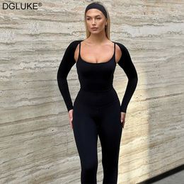 Womens Jumpsuits Rompers Spaghetti Strap Bodycon Jumpsuit With Bolero Fashion Solid Color Sports Fitness Overalls For Women Sexy Spandex Bodysuit Autumn 230921