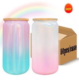 Wholesale Bulk Rainbow gradient Colour high borosilicate 16oz sublimation ombre shimmer glass can sparkle shiny Travel Mug with bling lids and straws 50 pack