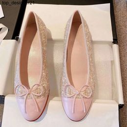 New Ballet Flats Classic Dress Shoes Women pink Leather Tweed Cloth Two Color Spliced Bow Round Casual Shoes Nude Womens Sneaker Fishermans Shoe