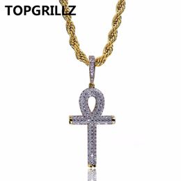 TOPGRILLZ Hip Hop Rock Necklace Gold Color All Iced Out Micro Pave CZ Stone Ankh Cross Pendant Necklaces With 60cm Rope Chain250Y