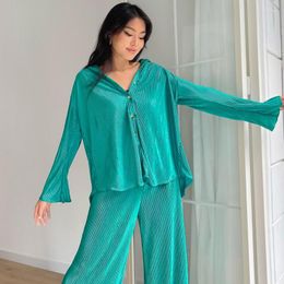 Women's Sleepwear Spring Summer Women Pleated Lapel Pajama Set Long Sleeve Shirt Pajamas Loose Korean Style Leisure Vacation Clothing