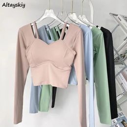 Women's T Shirts Sporty T-shirts Women Slim Minimalist Daily Basic Spring Crop Top Leisure Korean Style Ladies All-match Pure Fashion Long