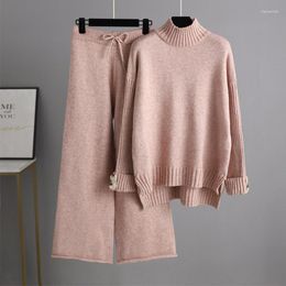 Women's Two Piece Pants TIGENA Knitted Sets For Women Fall Winter Turtleneck Pullover Sweater Wide Leg 2 Matching Outfit Lady