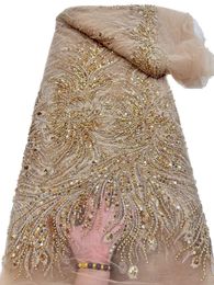 2023 High Quality Embroidery Sequin Lace Sewing Craft French Net Fabric African Beaded Dress Gown Party Banquet Nigerian Style Design Gold Lady Costumes New KY-3044