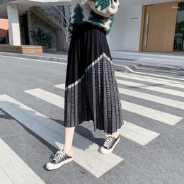 Skirts 2023 Women's Knitted A-line Skirt Autumn Winter Printing Pleated Mid-length Woman Elegant High Waist Female T383