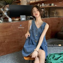 Casual Dresses Sleeveless Strap Dress Women 2023 Summer Single-Breasted Pockets Denim Woman Korean Style Loose A Line Mini