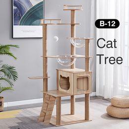 170cm 66.92 Inches Luxury Modern Cat Tree Tower Climbing Pets Scratching House Posts Wooden Large Space Capsule Cat Condo