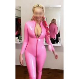 Catsuit Costumes Women Latex Rubber catsuit for bodysuit Pink Zipper Bodycon Catsuit