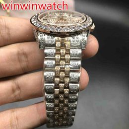 Full iced out two tone watch men's automatic diamonds rose gold watches 40mm diamonds dial works smooth hands wristwatch new 2790