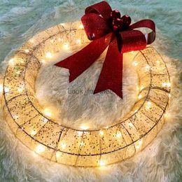 Christmas Decorations 2023 Christmas Garland Metal Luminous Christmas Wreath With Big Bowknot Warm Lights Christmas Front Door Home Party Door Hanging HKD230921