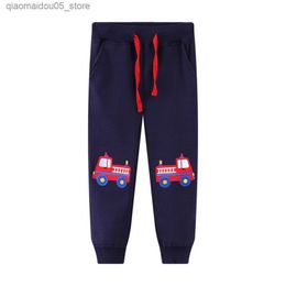 Trousers Jumping Meters Cartoon Boys Cotton Pants Spring Autumn Embroidery Fire Truck Pattern Trousers Casual Children Clothing 2-7years Q230921