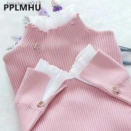 Women's Sweaters Korean Patchwork Warm Sweater Women Elegant Long Sleeve Slim Turtleneck Knitted Pink Tops Chic Ruffle Pullover Fake 2 Pieces L230921